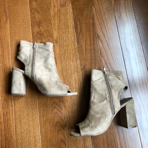 Shoes - Tan faux suade peep toe heels